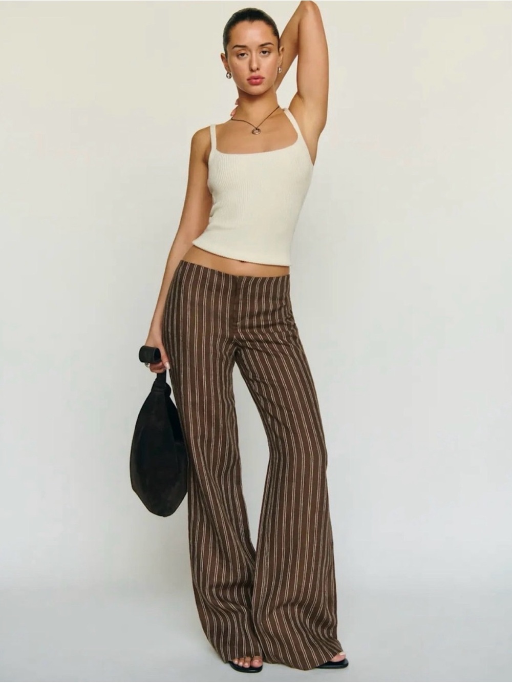 Reformation Vida Low Rise Linen Brown Striped Pants Sz 0
